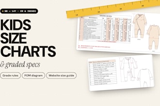 create a kids and baby size chart, graded spec and measurement sheet