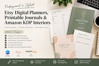 design etsy digital planners, printable journals and amazon KDP interiors