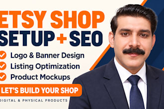 do etsy shop setup, listing SEO optimization and product mockup design