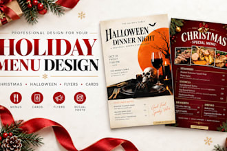 design christmas and halloween menus, holiday cards and flyers
