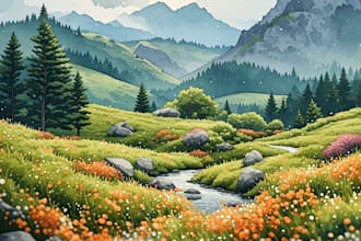 illustrate a watercolor landscape illustration