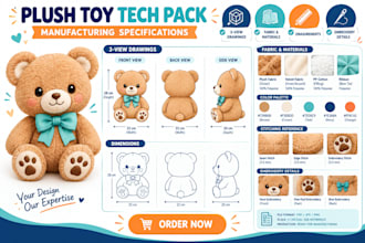create plush toy tech packs, custom plush designs and manufacturing specs