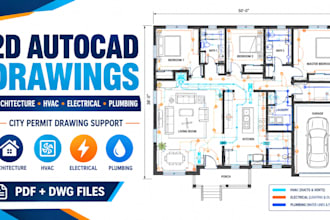 create 2d autocad architectural, hvac, electrical and plumbing permit drawings