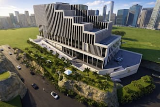 commercial complex bim,stepped terraced,parking area,3d rocky hillside rendering
