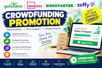 promote your gofundme, kickstarter, indiegogo and zeffy crowdfunding campaign