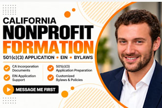 form a ca nonprofit, apply for ein, prepare 501c3 application and bylaws