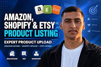 do  amazon product listing, shopify product upload and etsy product listing