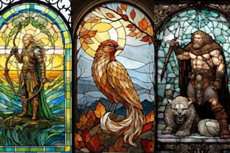 draw stained glass art character fantasy mosaic line art colored design
