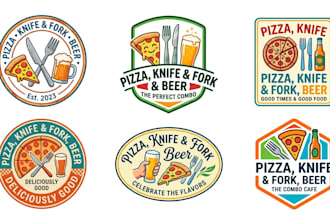 design a pizza, knife, fork, and beer logo