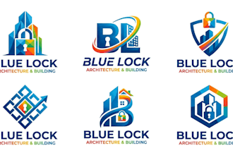design a architecture, blue lock, and building logo