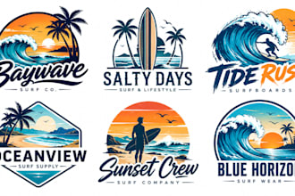 design a professional surfing, beach, ocean waves, surfboard, summer surf logo