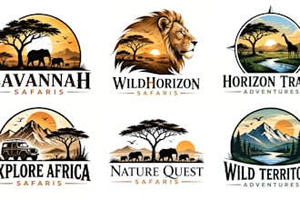 design a professional safari wildlife, landscape, nature, adventure savanna logo