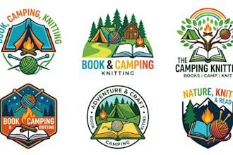 design a book, camping, and knitting logo