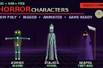create retro ps1 n64 low poly 3d characters with rig and animation