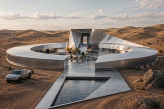 create desert futurism building design, circular home render, scifi real estate
