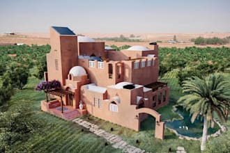 remodel desert farmhouse,3d exterior render,oasis resort garden,courtyard design