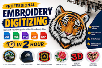 do embroidery digitizing into dst, pes, vp3, jef, exp, in 2 hour