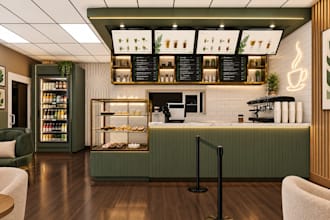 design a modern restaurant, cafe or bar interior with 3d renders and layout