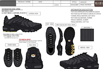 design footwear tech pack, boots, loafers, sneakers, heels and winter shoes