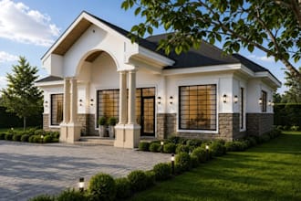 modernize 3dsingle story house,2d plan,front porch,lawn,driveway,external design