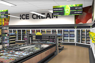 design 3d supermarket, retail store interior, cafe, with 3d animation rendering