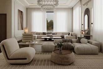 visualize modern farmhouse style interior, cgi apartment wood flooring 3d visual