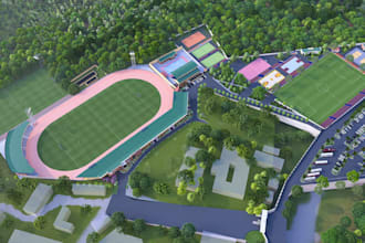 render outdoor multi sport courts,football fields,running track,basketball court