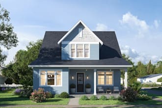 visualize cgi cottage house,living room decor,front porch desgn,3dfacade styling