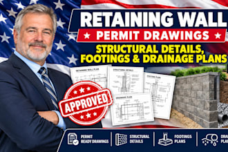 retaining wall permit drawings, structural details, footings drainage plans