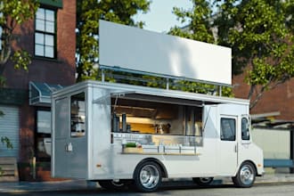 do a realistic 3d food truck exterior and interior with photorealistic render