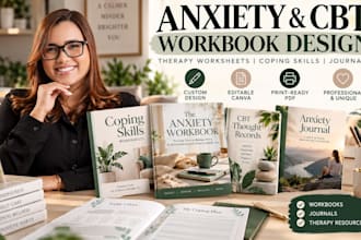 design anxiety workbook, cbt coping worksheets and mental health journals