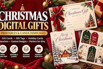 design chrsitmas gift cards, holiday printables and canva templates