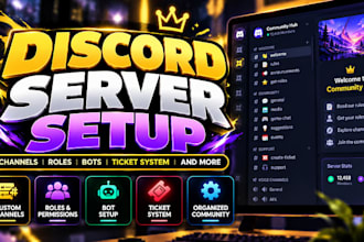set up a professional discord server with custom channels, roles and bots