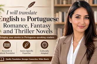 translate romance, fantasy, and thriller novels from english to portuguese