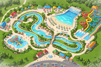 design water park map, theme park map, attraction maps and vector illustration