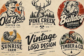 hand drawn logo, vintage mascot, distressed, grunge style, rustic brand