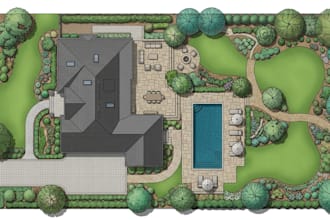 design landscape, backyard, garden, patio, pool and hardscape plans