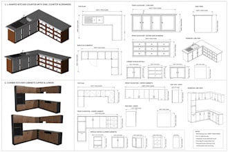 design custom kitchen cabinets, wardrobes, 3d cad models and shop drawings