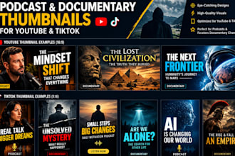 design youtube, tiktok thumbnails for podcasts and faceless documentary channel