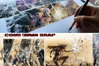 design intense character portraits and action scenes in classic comic ink style