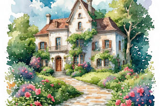 draw watercolor wedding venue, house, landscape