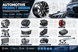 design automotive car parts, alloy wheels, spoilers, and engine cover in 3d cad