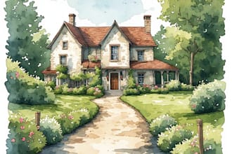 draw watercolor wedding venue, house, landscape