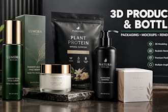 create 3d product, bottle, packaging and realistic mockups