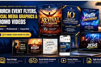 design church event flyers, social media graphics and promo video