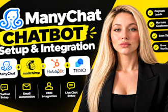 create manychat chatbot, integrate mailchimp, hubspot crm, tidio live chat