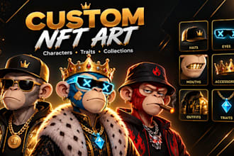 create cartoon nft characters, traits, nft collections, mascot accessories, gif