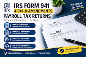 prepare irs form 941, 941x amendments and payroll tax returns, form 1099, w2 w9