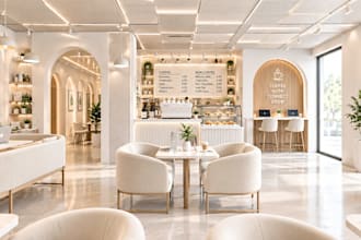 do coffee shop, lounge and bakery interior design with 3d renders and layout