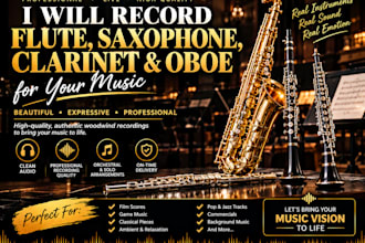 be flute player, record flute session, record saxophone, clarinet oboe for music